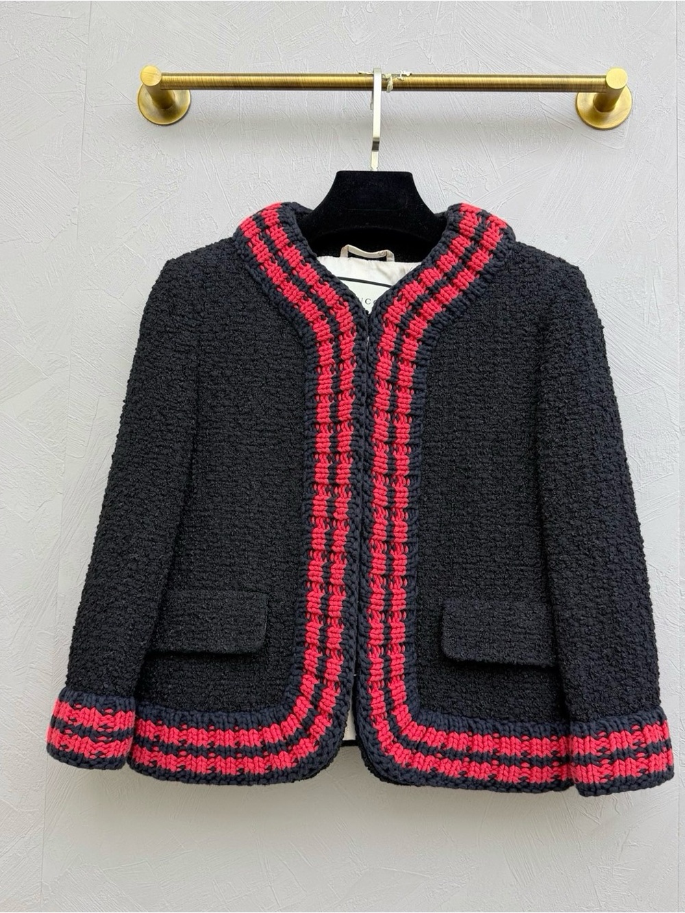 🚩steal Gucci Black Bouclé Jacket with Red Trim
